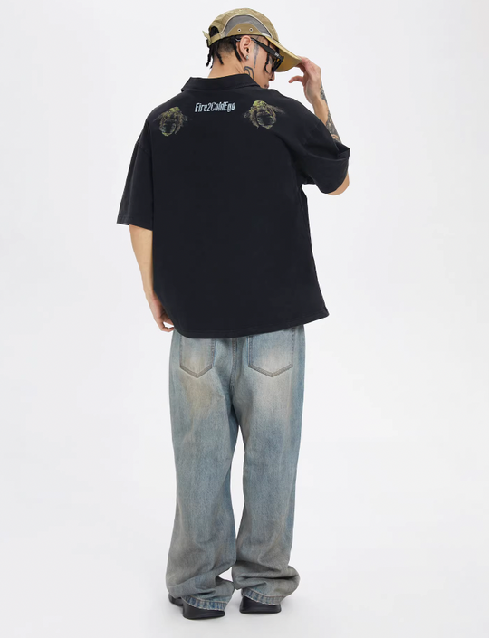 F2CE Washed Distressed Printing Polo Shirt