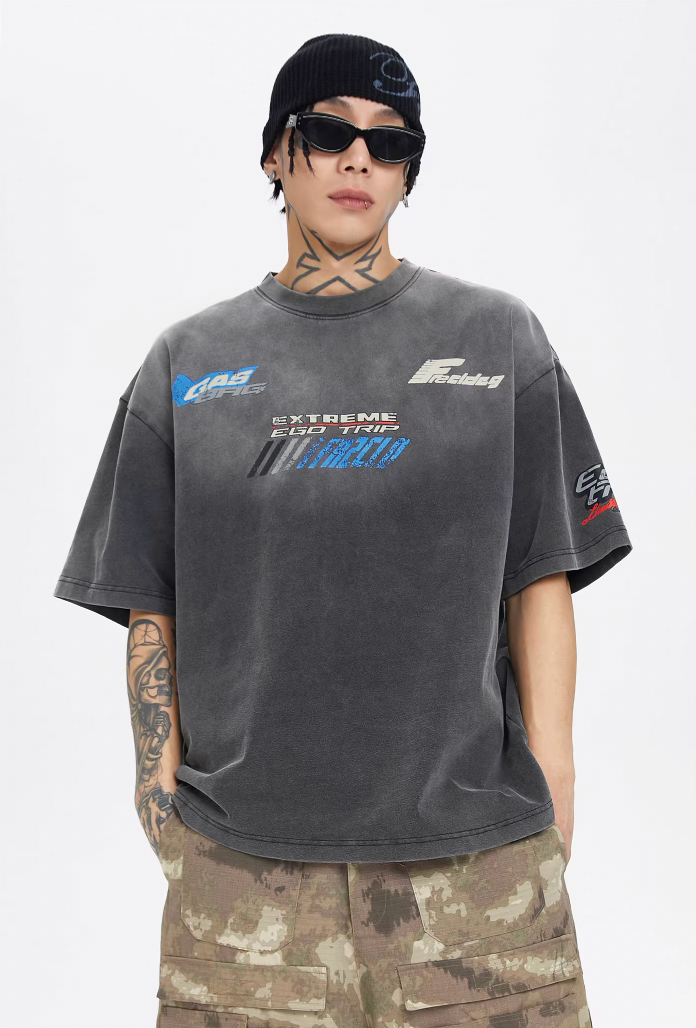 F2CE Washed Gradient Racing Cracked Letter Print Tee