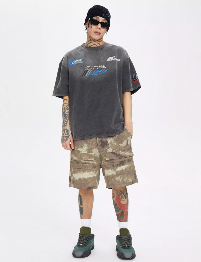 F2CE Washed Gradient Racing Cracked Letter Print Tee