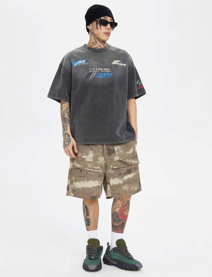 F2CE Washed Gradient Racing Cracked Letter Print Tee