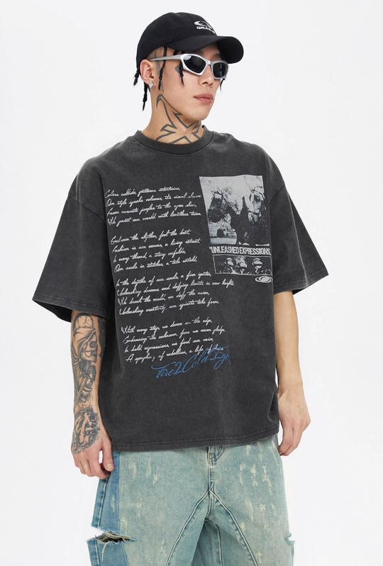 F2CE Washed Old Picture Slogan Letter Print Tee