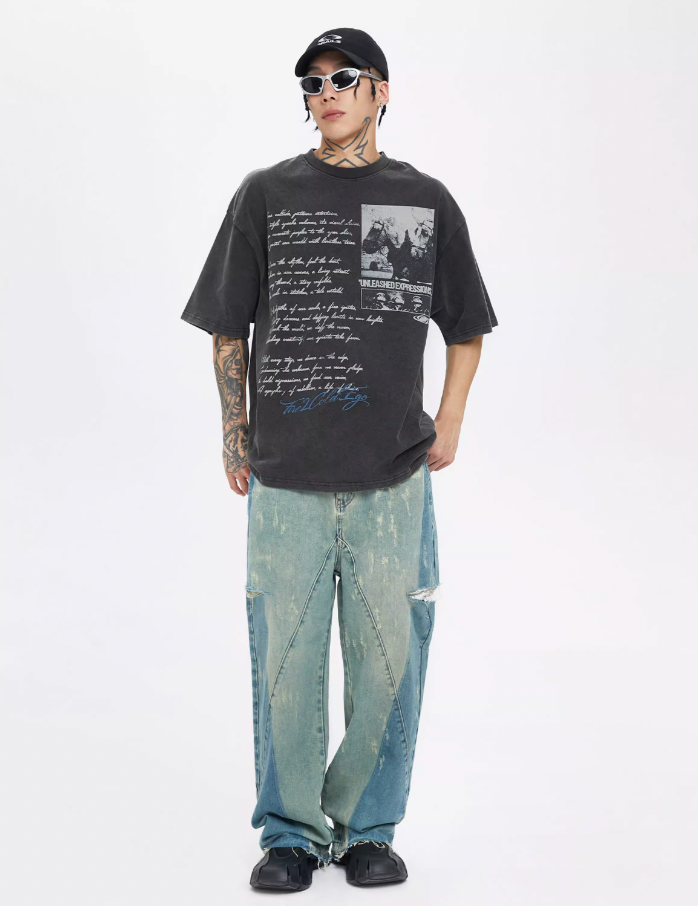 F2CE Washed Old Picture Slogan Letter Print Tee