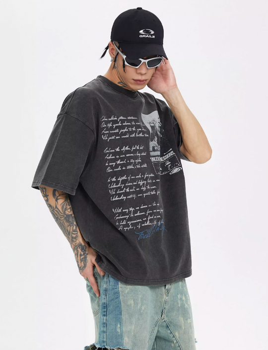F2CE Washed Old Picture Slogan Letter Print Tee