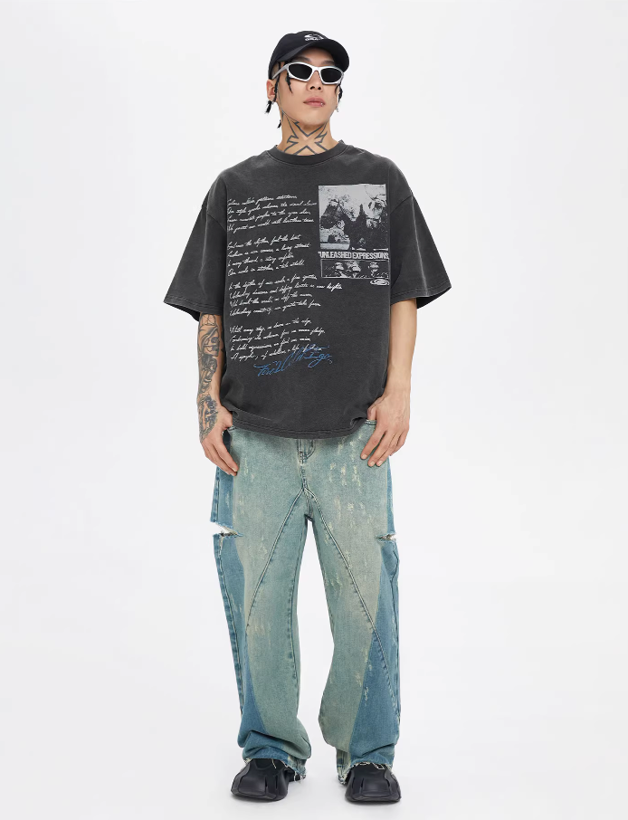 F2CE Washed Old Picture Slogan Letter Print Tee