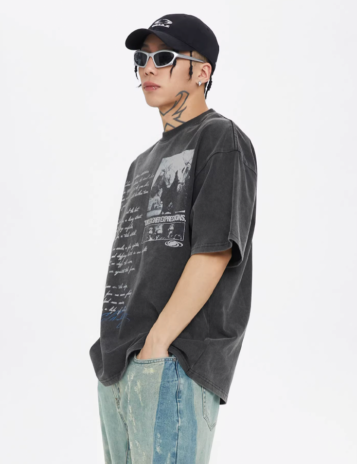 F2CE Washed Old Picture Slogan Letter Print Tee