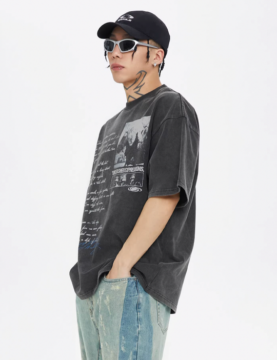 F2CE Washed Old Picture Slogan Letter Print Tee