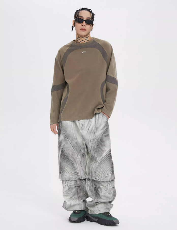 F2CE Washed Destruction Contrast Color Long Sleeve Tee