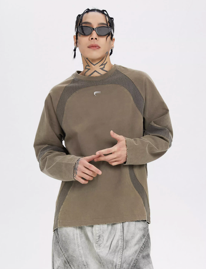 F2CE Washed Destruction Contrast Color Long Sleeve Tee