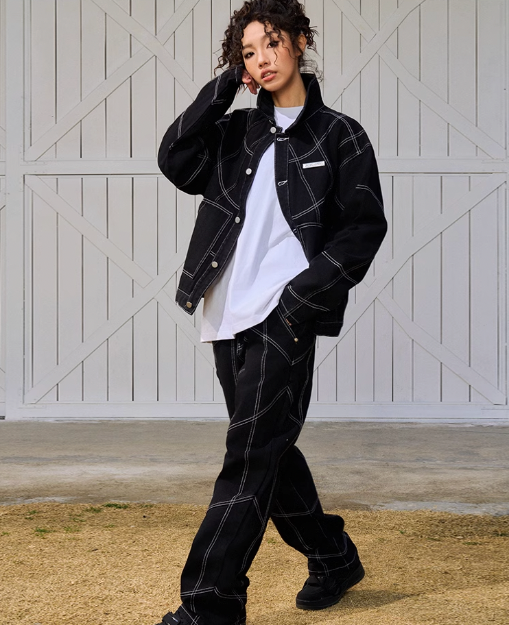 AFGK Patchwork Black Stitching Plaid Lapel Denim Jacket