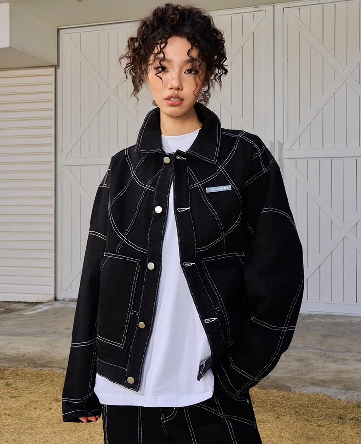 AFGK Patchwork Black Stitching Plaid Lapel Denim Jacket