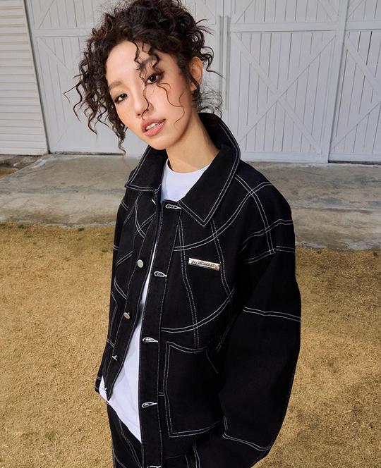 AFGK Patchwork Black Stitching Plaid Lapel Denim Jacket