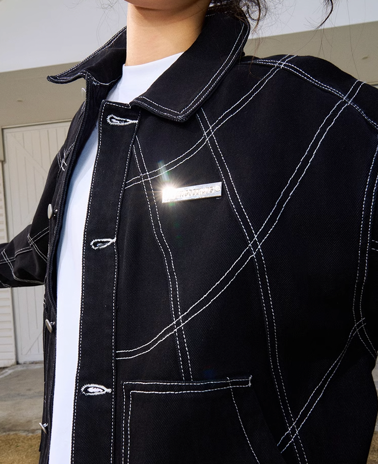 AFGK Patchwork Black Stitching Plaid Lapel Denim Jacket