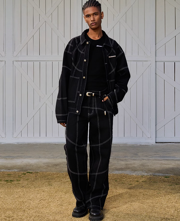 AFGK Patchwork Black Stitching Plaid Lapel Denim Jacket