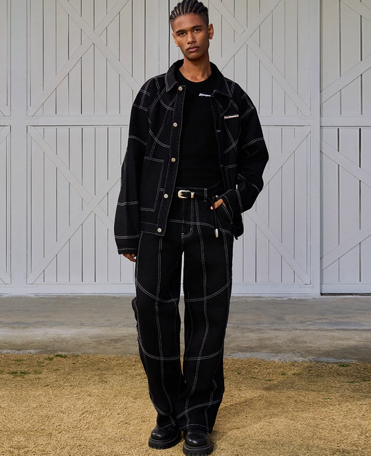 AFGK Patchwork Black Stitching Plaid Lapel Denim Jacket