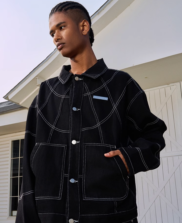 AFGK Patchwork Black Stitching Plaid Lapel Denim Jacket