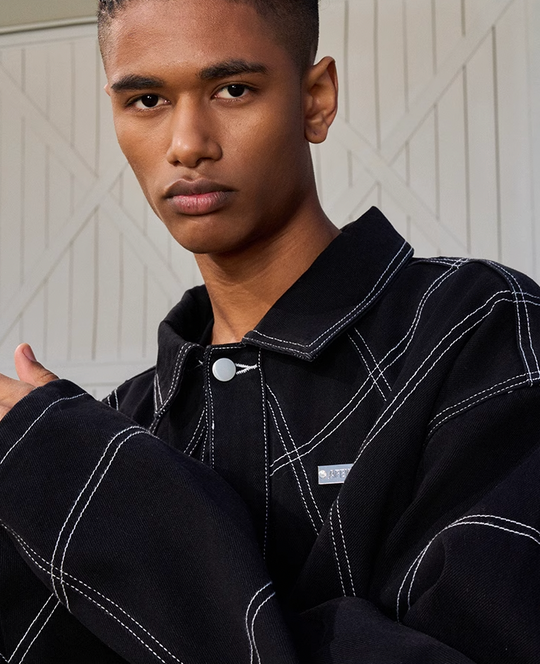 AFGK Patchwork Black Stitching Plaid Lapel Denim Jacket