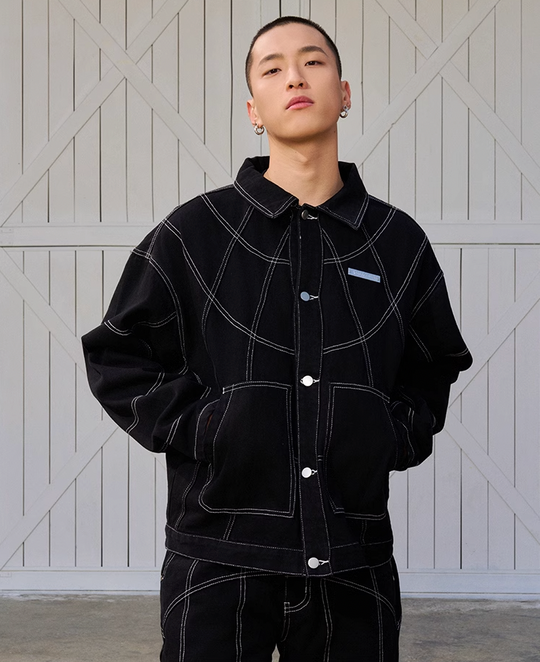 AFGK Patchwork Black Stitching Plaid Lapel Denim Jacket