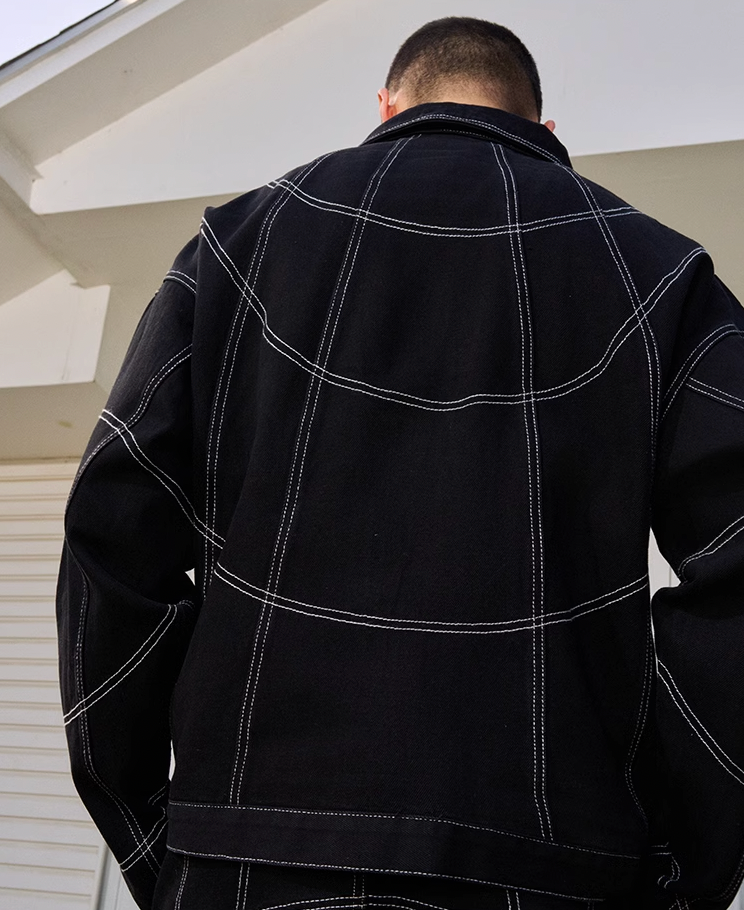 AFGK Patchwork Black Stitching Plaid Lapel Denim Jacket