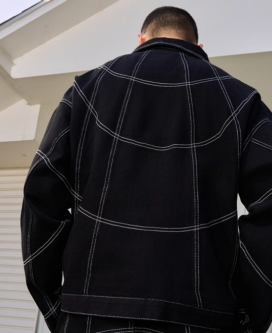 AFGK Patchwork Black Stitching Plaid Lapel Denim Jacket