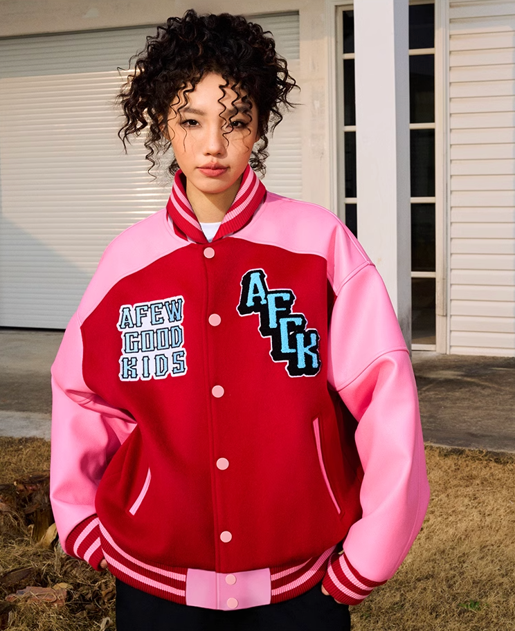 AFGK Angel Embroidery Color Blocking Lapel Baseball Jacket