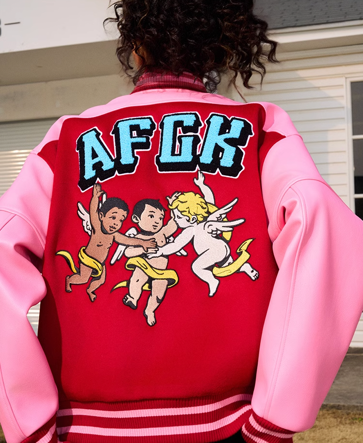 AFGK Angel Embroidery Color Blocking Lapel Baseball Jacket