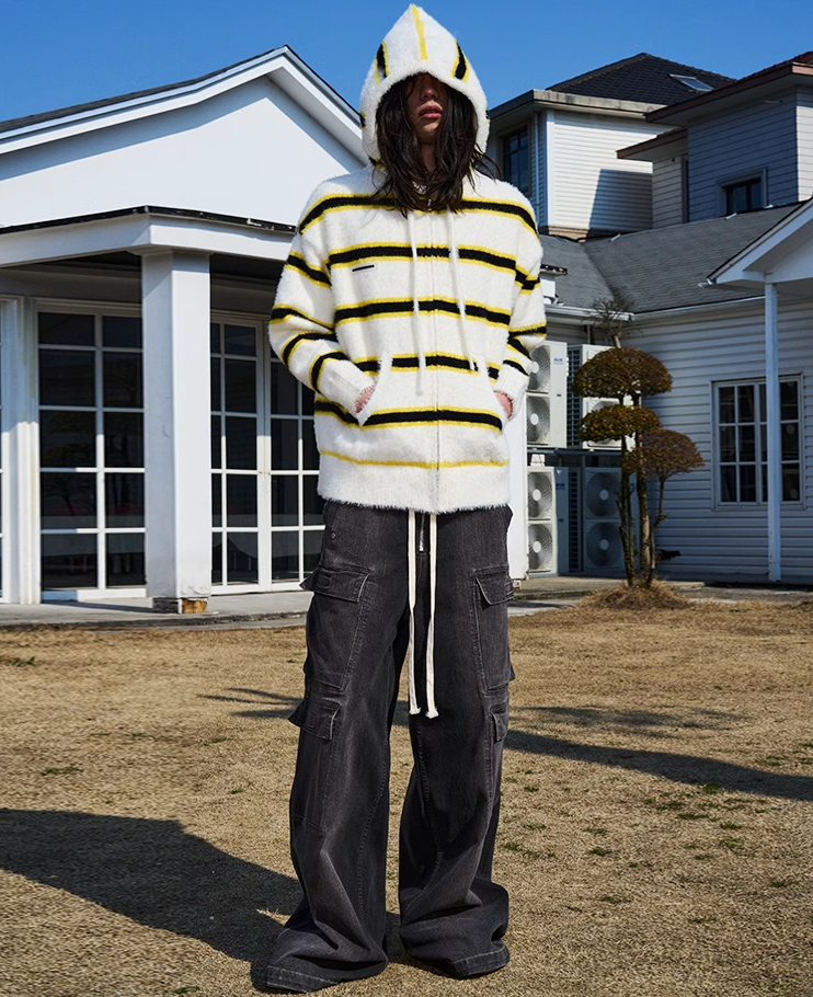 AFGK Striped Zipper Hooded Peplum Knit Jacket