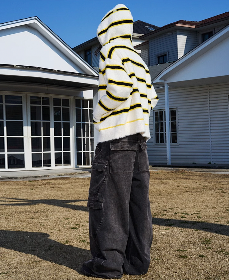 AFGK Striped Zipper Hooded Peplum Knit Jacket