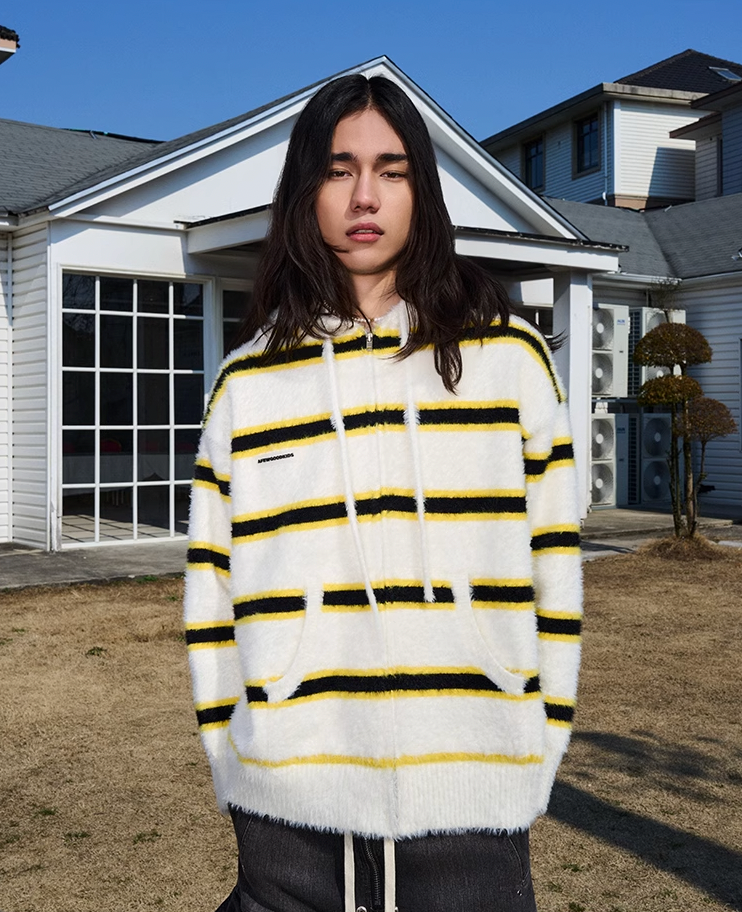 AFGK Striped Zipper Hooded Peplum Knit Jacket