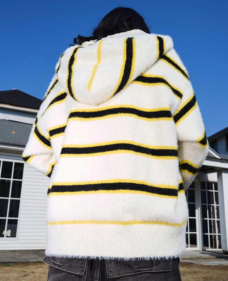 AFGK Striped Zipper Hooded Peplum Knit Jacket