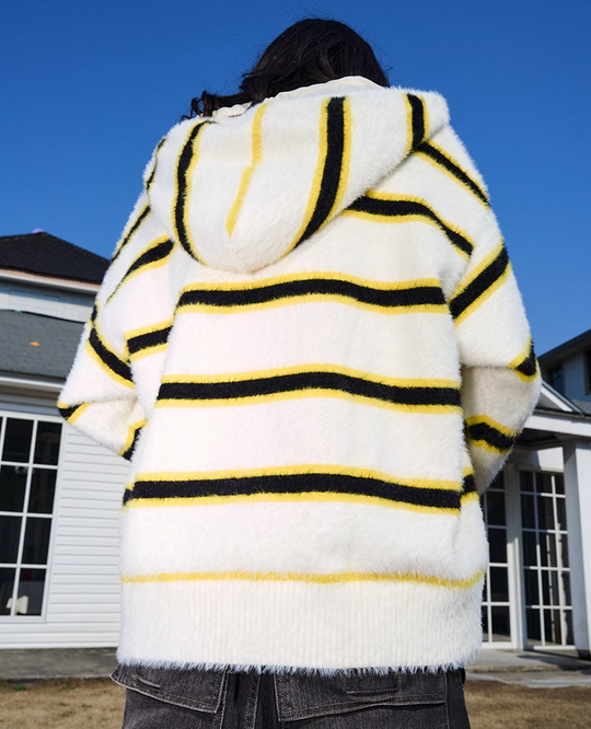 AFGK Striped Zipper Hooded Peplum Knit Jacket