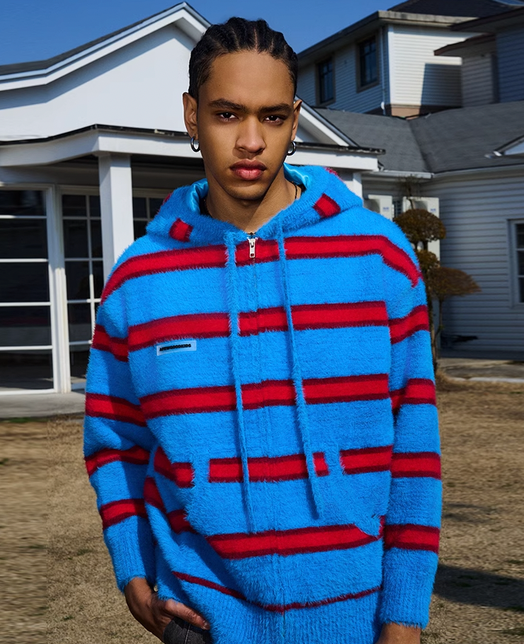 AFGK Striped Zipper Hooded Peplum Knit Jacket