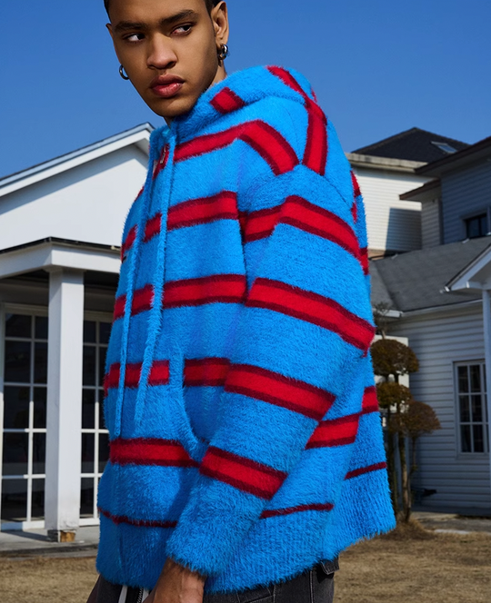 AFGK Striped Zipper Hooded Peplum Knit Jacket