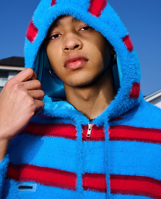 AFGK Striped Zipper Hooded Peplum Knit Jacket