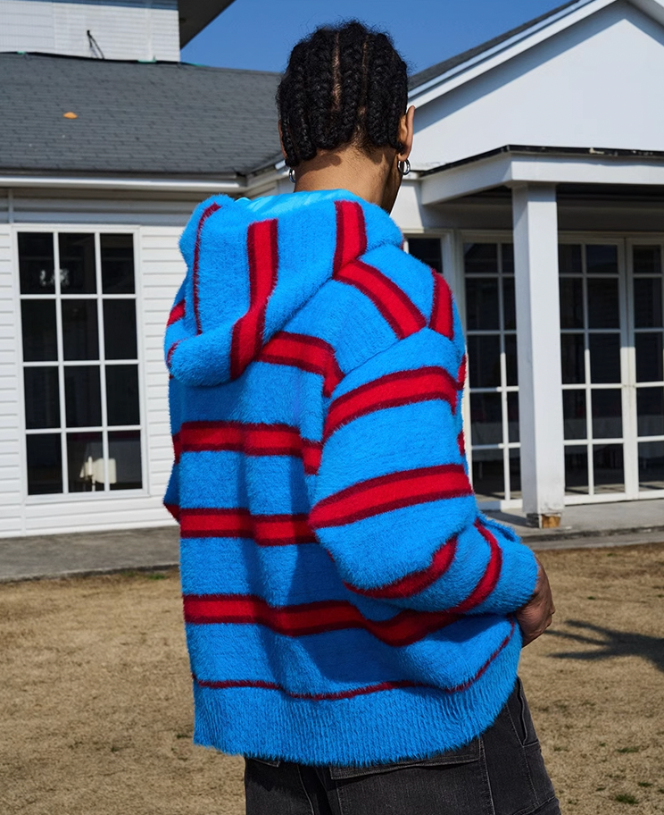 AFGK Striped Zipper Hooded Peplum Knit Jacket