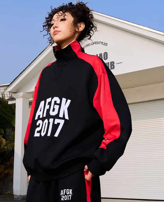 AFGK Standing Collar Patchwork Color Blocking Sweatshirt