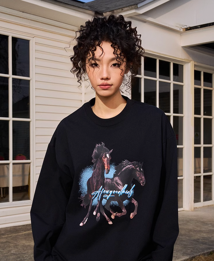 AFGK Prancing Black Horse Long Sleeve Tee