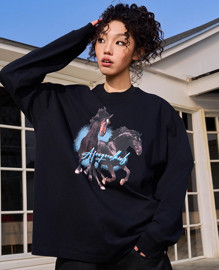 AFGK Prancing Black Horse Long Sleeve Tee