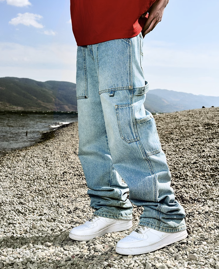 AFGK Rivet Multi Pocket Washed Lumberjack Denim Jeans