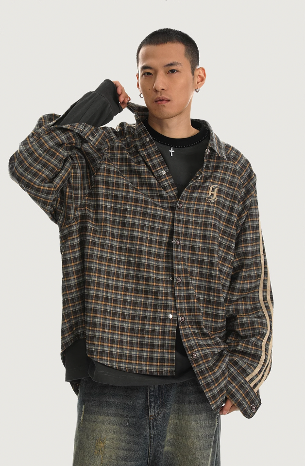 JHYQ Plaid Lapel Embroidery Long Sleeved Shirt