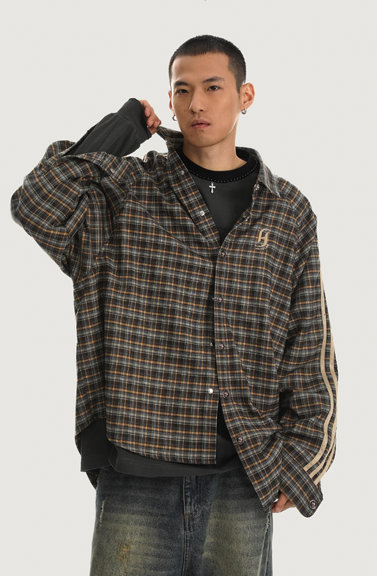 JHYQ Plaid Lapel Embroidery Long Sleeved Shirt