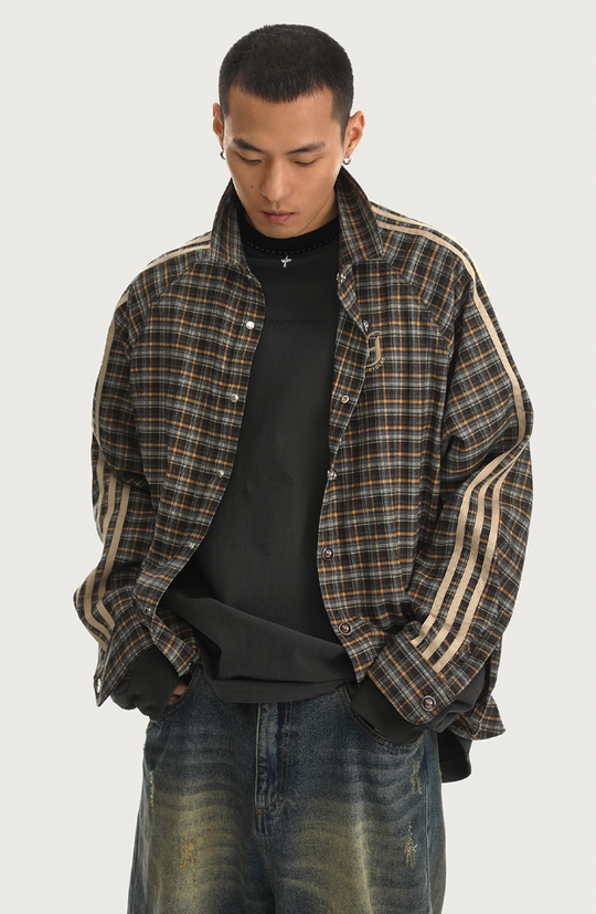 JHYQ Plaid Lapel Embroidery Long Sleeved Shirt