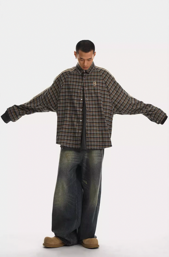 JHYQ Plaid Lapel Embroidery Long Sleeved Shirt