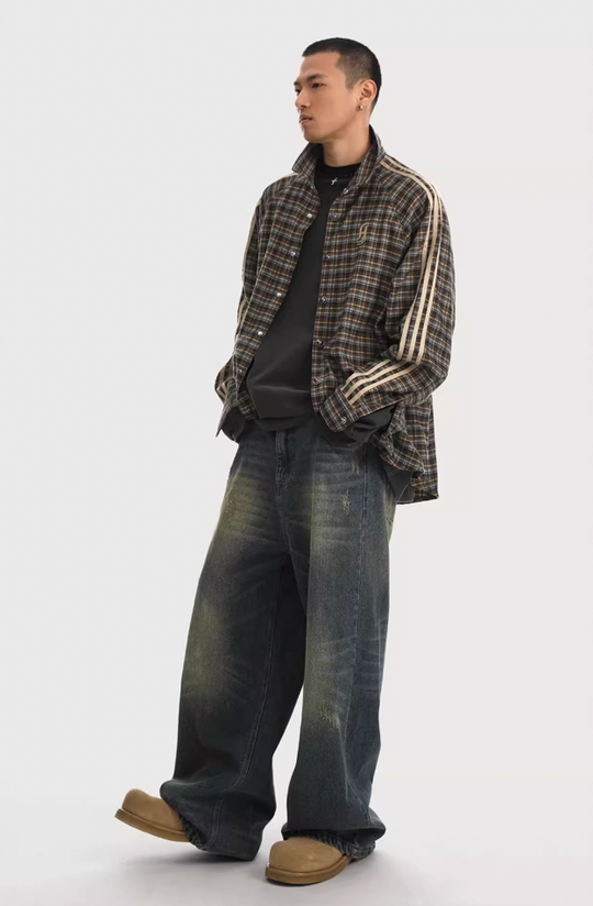 JHYQ Plaid Lapel Embroidery Long Sleeved Shirt