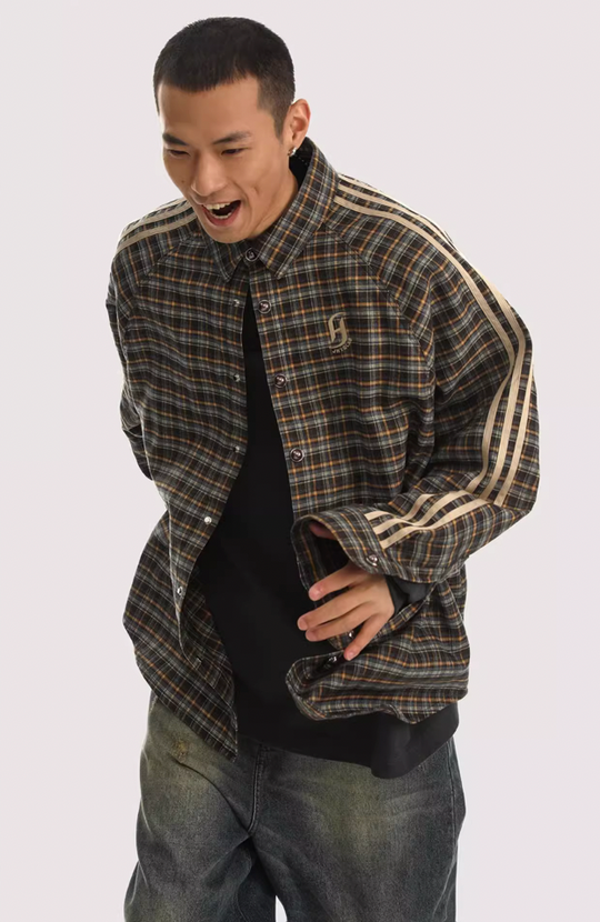 JHYQ Plaid Lapel Embroidery Long Sleeved Shirt