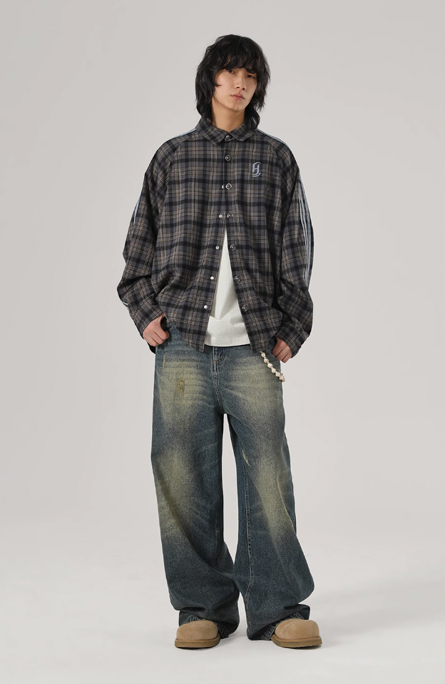 JHYQ Plaid Lapel Embroidery Long Sleeved Shirt