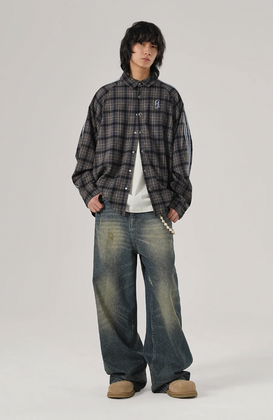 JHYQ Plaid Lapel Embroidery Long Sleeved Shirt