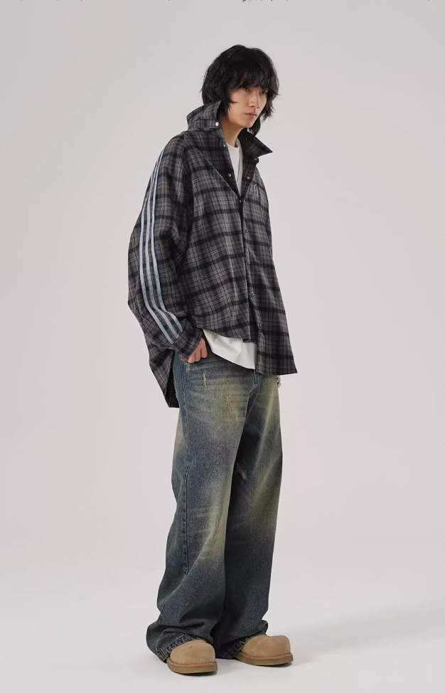 JHYQ Plaid Lapel Embroidery Long Sleeved Shirt