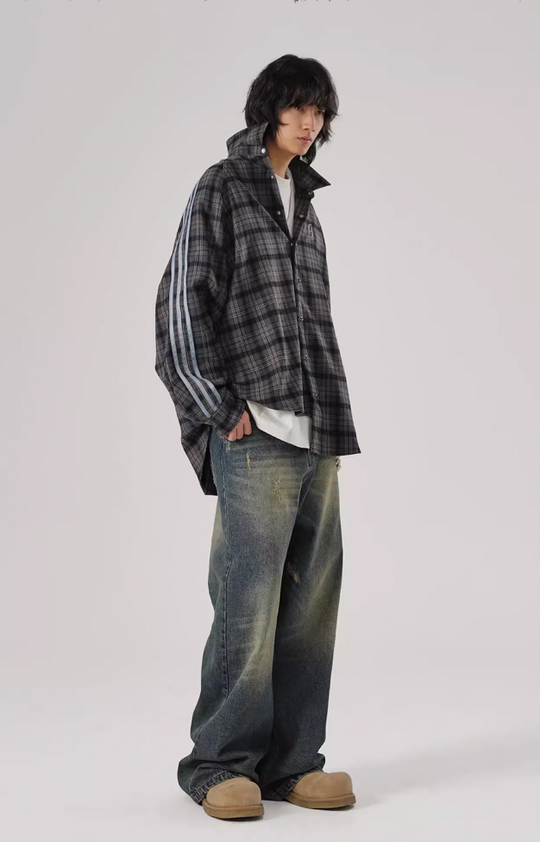 JHYQ Plaid Lapel Embroidery Long Sleeved Shirt