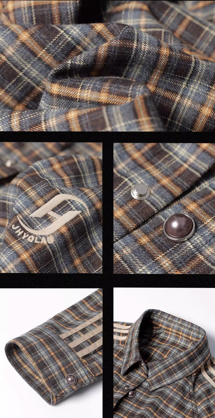 JHYQ Plaid Lapel Embroidery Long Sleeved Shirt