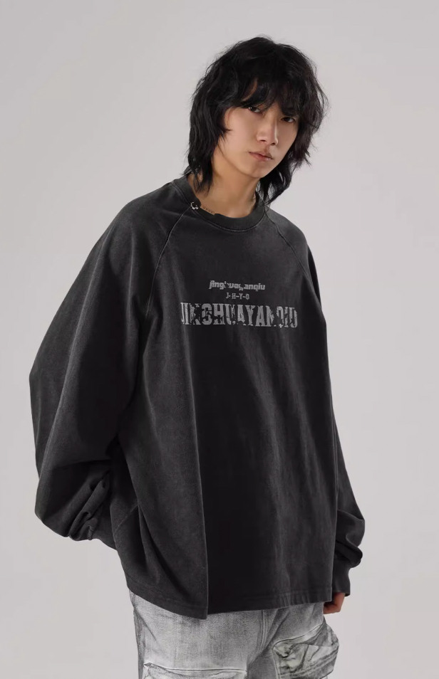 JHYQ Washed Letters Logo Printing Long Sleeved Tee